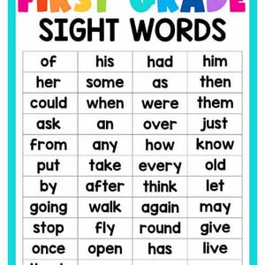 May include: A white educational chart titled First Grade Sight Words in colourful letters, featuring a grid of Dolch 220 words in black text. The list includes words like of, his, had, him, her, some, as, then, could, when, were, them, ask, an, over, just, from, any, how, know, put, take, every, old, by, after, think, let, going, walk, again, may, stop, fly, round, give, once, open, has, live, and thank.