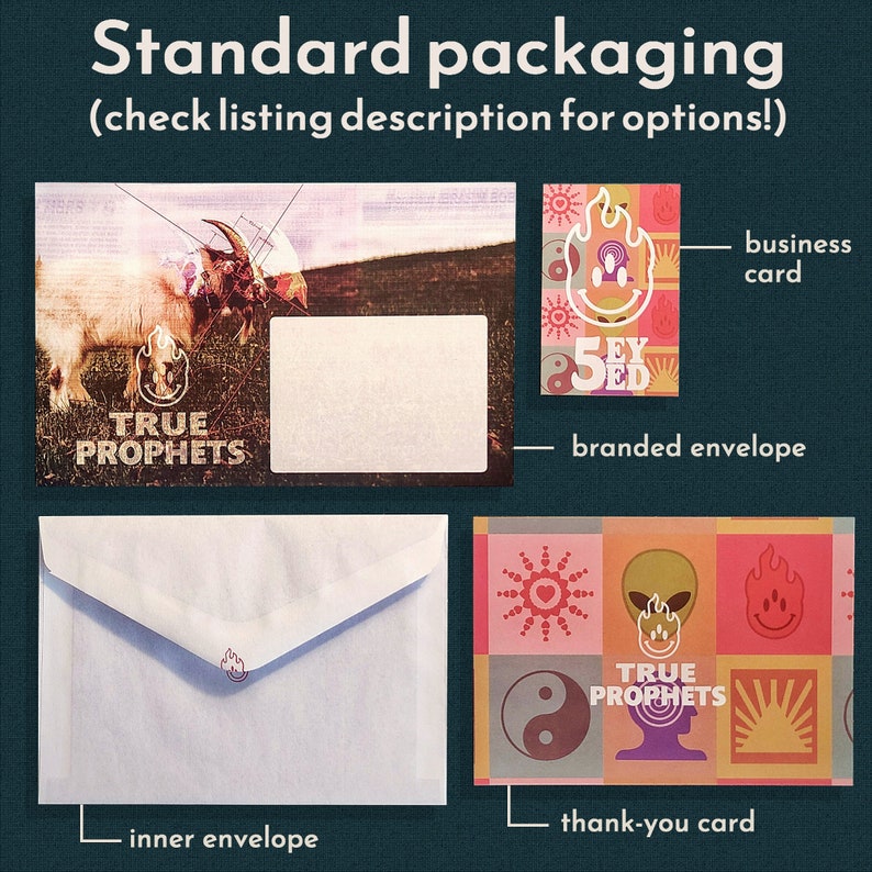 Standard packaging for the items includes a branded envelope with custom graphics; a smaller inner envelope containing the stickers; a colorful business card; and a thank-you card.
