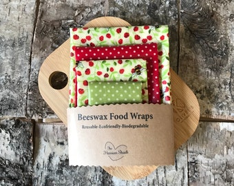 Set of 4 Beeswax Food Wraps, Bees and Strawberries