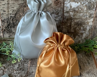 Satin drawstring bag, gold and silver, choose your size