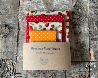 Set of 4  Beeswax Food Wraps - Strawberry