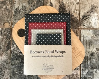 Set of 4  Beeswax Food Wraps - Black, Silver and Red Polka Dots