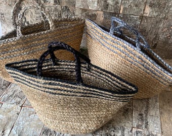 Natural jute, hessian storage basket , black, silver grey, blue