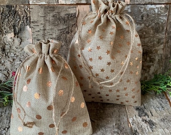 Reusable fabric Christmas gift bags, gold stars
