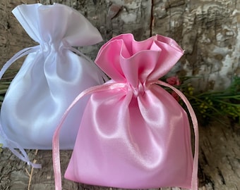 Satin drawstring bag, pink or white, choose your size