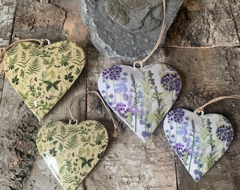 Metal hanging heart decorations, purple flowers and leaves