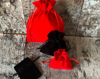 Velvet drawstring bag, red or black, choose your size