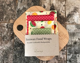 Set of 4  Beeswax Food Wraps - Fruity design