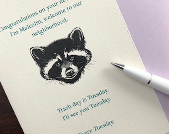 Malcolm the Raccoon Welcomes You to the Neighborhood—New Home Relocating Moving card Made in Hudson Valley Free US Shipping Available