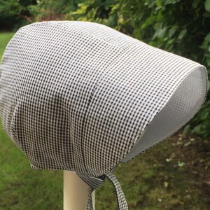 Gingham Baby Bonnet Sun Hat Handmade to Order. Traditional Classic Look Tiny Black, Grey and White Gingham Check Cotton Blend 0-24months image 3