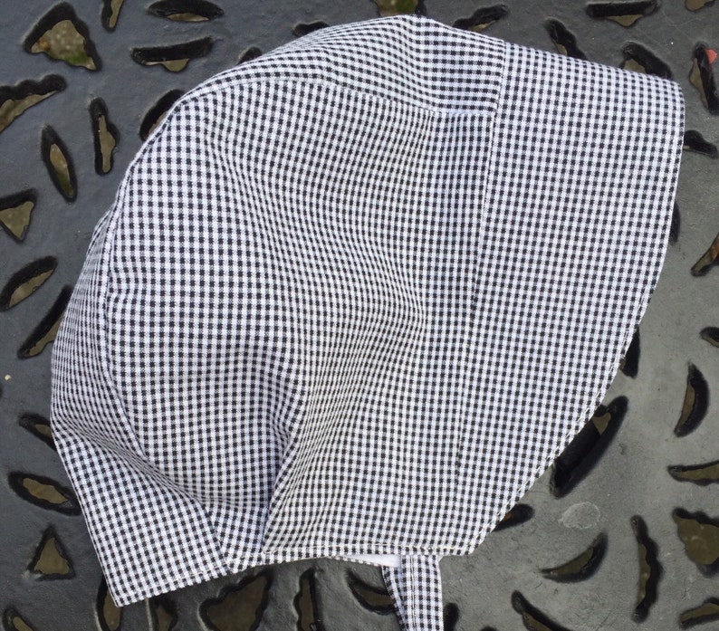 Gingham Baby Bonnet Sun Hat Handmade to Order. Traditional Classic Look Tiny Black, Grey and White Gingham Check Cotton Blend 0-24months image 6