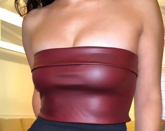 burgundy rib top | tube top | bandeau top | strapless top | beachwear | woman clothing | crop top | faux leather bandeau top