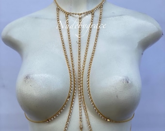 May include: A gold body chain with multiple strands of rhinestones. The chain has a long pendant that hangs down the center of the chest.