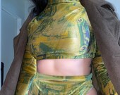 Patterned velvet set, costume, bandeau top, bikini, swimwear, long sleeve top, festival fashion, cheeky bottoms, gift for her, rave fashion