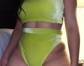 Lime green velvet 2 piece set, bikini, costumes, beachwear, festival fashion, velvet set, high waist bottom, bandeau top, rave fashion