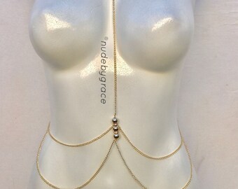 gold Body Chain, crystal body chain, bikini body jewelry, simple body chain, bralette chain, harness body chain, body chain