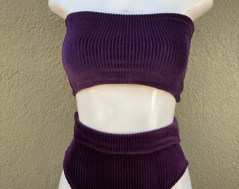 Purple Ribbed Velvet Bikini | High Cut bottoms | Bandeau Top