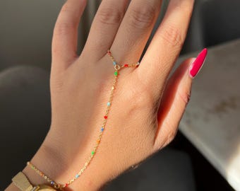 Gold filled hand chain, rainbow hand chain, dainty hand chain, handlet bracelet, finger hand chain, minimalist, waterproof hand chain