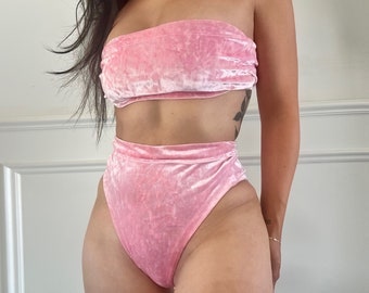 crush pink velvet set, bikini set, swimwear, festival fashion, summer set, vacation set, high cut bottoms, velvet bikini, costume, gift