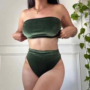 olive green velvet set, bikini set, swimwear, festival fashion, summer set, vacation set, high cut bottoms, velvet bikini, costume, gift