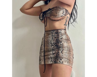 snake print 2 piece set | festival outfit | clubwear |  faux leather set | cosplay | mini skirt | gift for her | bra top |