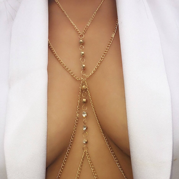 Crystal Body Chain, Gold Stainless Steel, Festival Jewelry