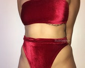Red velvet set, High cut bottoms, bandeau top, bikini, swimwear, festival bikini, swimsuit, festival bikini, cheeky bottoms, 2 piece set