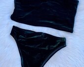 hunter green velvet set, bikini set, swimwear, festival fashion, bandeau top, 2 piece set, high cut bottoms, velvet bikini, costume