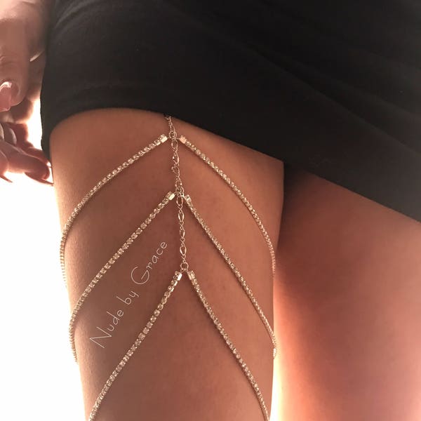 set of 2 crystal thigh high, body jewelry, leg bracelet, crystal garter, clubwear, festival jewelry, layered leg bracelet, sexy thigh high