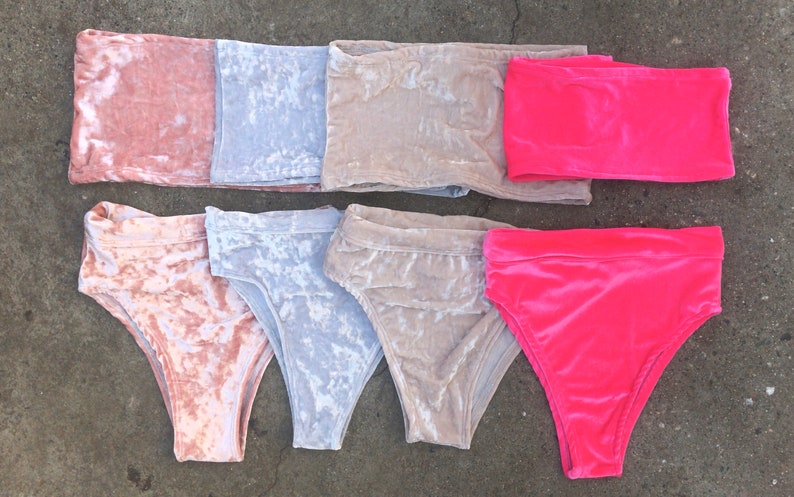Crushed Velvet Chicago Mall Sets High Cut Bottoms Bandeau Bikini Top Swim