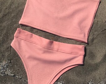 Salmon Pink High bikini, bikini, sexy bikini, beachwear, cheeky bikini bottoms, swimwear, festival bikini set, bandeau top