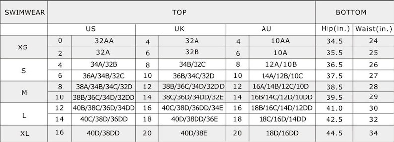 May include: Swimwear size chart with US, UK, and AU sizing for tops and bottoms. The chart includes measurements for hip and waist in inches.