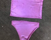 metallic pink set, bikini, sexy bikini, beachwear, swimwear, rave fashion, festival fashion, high cut bottoms, bandeau top, gift, costume