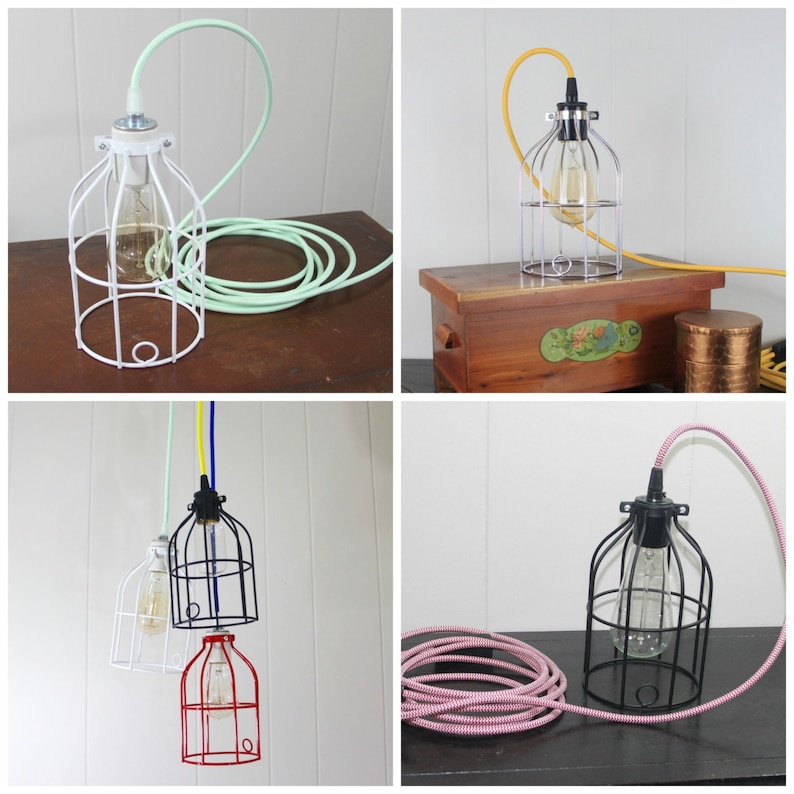 Mix /& Match Industrial Cage Lamp Choice of Cage and Cord Color Plug-In Lamp with In-Line Thumb Switch.