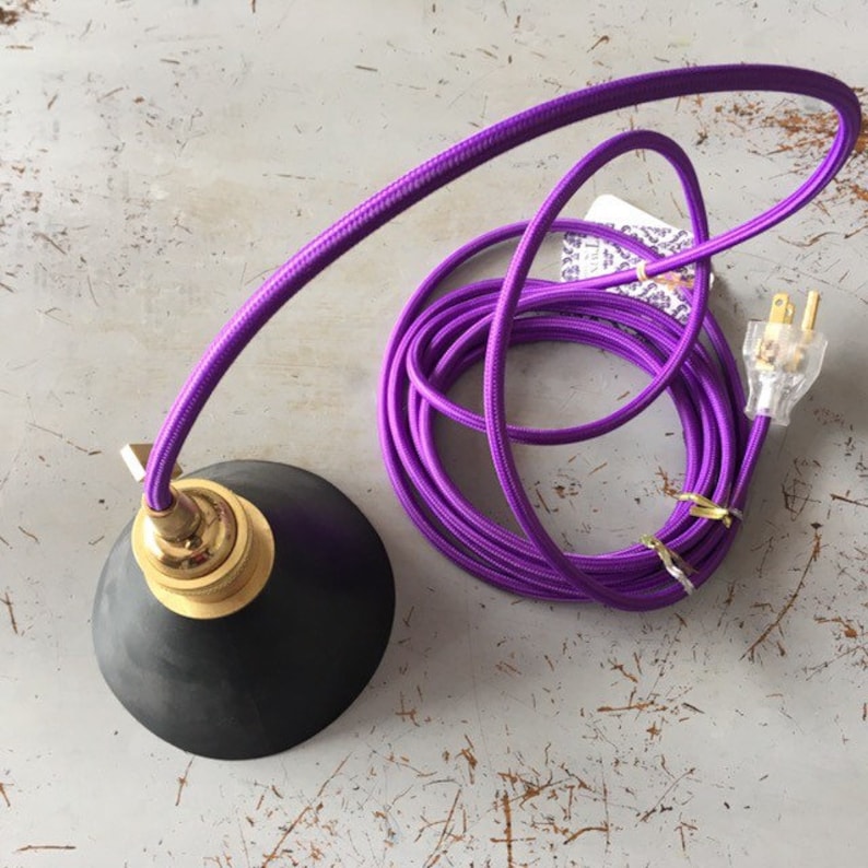 Brass-Lined Petite Metal Shade Pendant Lamp with Purple Cloth Covered Cord.