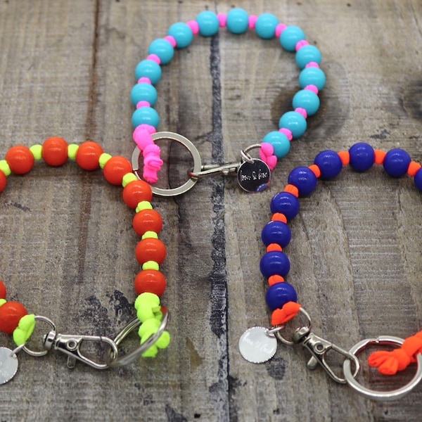 Schlüsselanhänger XS, kurze Schlüsselkette, Schlüsselband, Holzperlen,  Elastikband Neon, viele Farben