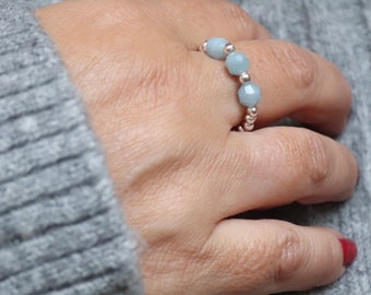 Elastischer Ring, 925 Silber Kugelperlen, facettierter Aquamarin, Geschenke für Frauen, Stapelring aus glänzenden Sterling Silber Kugeln