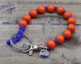 Schlüsselanhänger, Schlüsselkette, Schlüsselband, Holzperlen XL, 12 mm,  Elastikband orange, blau, Längenauswahl