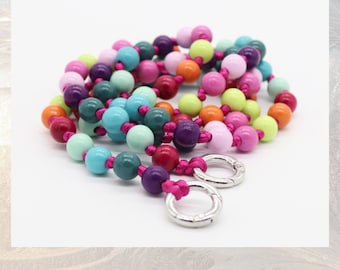 Lange Handykette, Bunte Holzperlen 10 mm, geknotet ,versilberte oder vergoldete Karabiner, Geschenke für Frauen, Längenauswahl