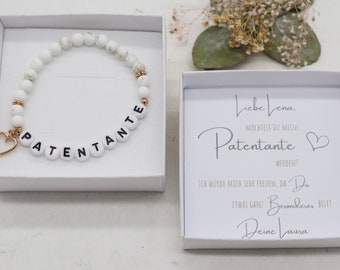 Geschenk für die 'Patentante', Patentante fragen, matter Naturstein, creme, edel, Taufpatin Armband