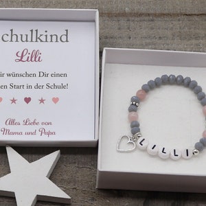 Children's bracelet, personalized, rose quarz bracelet, desired name, gift for the 1. school day