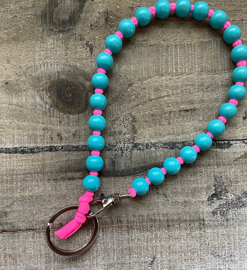 Schlüsselanhänger, Schlüsselkette, Schlüsselband, Holzperlen, Elastikband Neon pink, Farbauswahl image 3