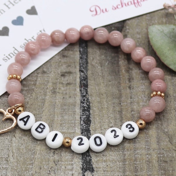 Armband  'Abi 2024'  Rosa Jade, Geschenk zum Abitur, Glücksbringer,