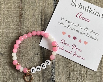 Children's bracelet, personalized, rose quarz bracelet, desired name, gift for the 1. school day