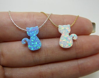 Cat necklace, Cat jewelry, Gift for kids, Kids jewelry, Children jewelry, Cat lover gift, Kitten necklace, Blue White opal cat necklace