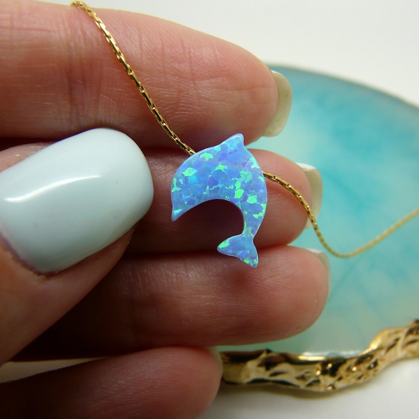 Blue dolphin necklace, Nautical jewelry, Opal dolphin necklace, Summer necklace, Animal necklace, Ocean jewelry
