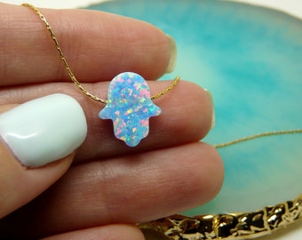 Hamsa necklace, Hamsa pendant, Opal Hamsa necklace, Hand necklace, Lucky charm