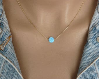 Opal coin necklace, Opal necklace, Delicate Opal necklace, Blue opal necklace, Sterling silver necklace, Disc necklace, Opal jewelry