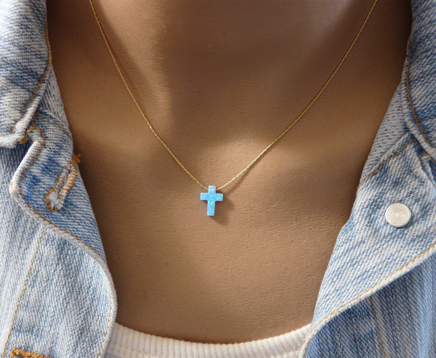 Women Mini Blue Opal Cross Dainty Mini Christian Pendant Necklace Silver  Chain