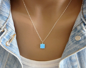 Opal square necklace, Wire wrapped Opal necklace, Blue opal charm, Opal jewelry, October birthstone, Gift for wife